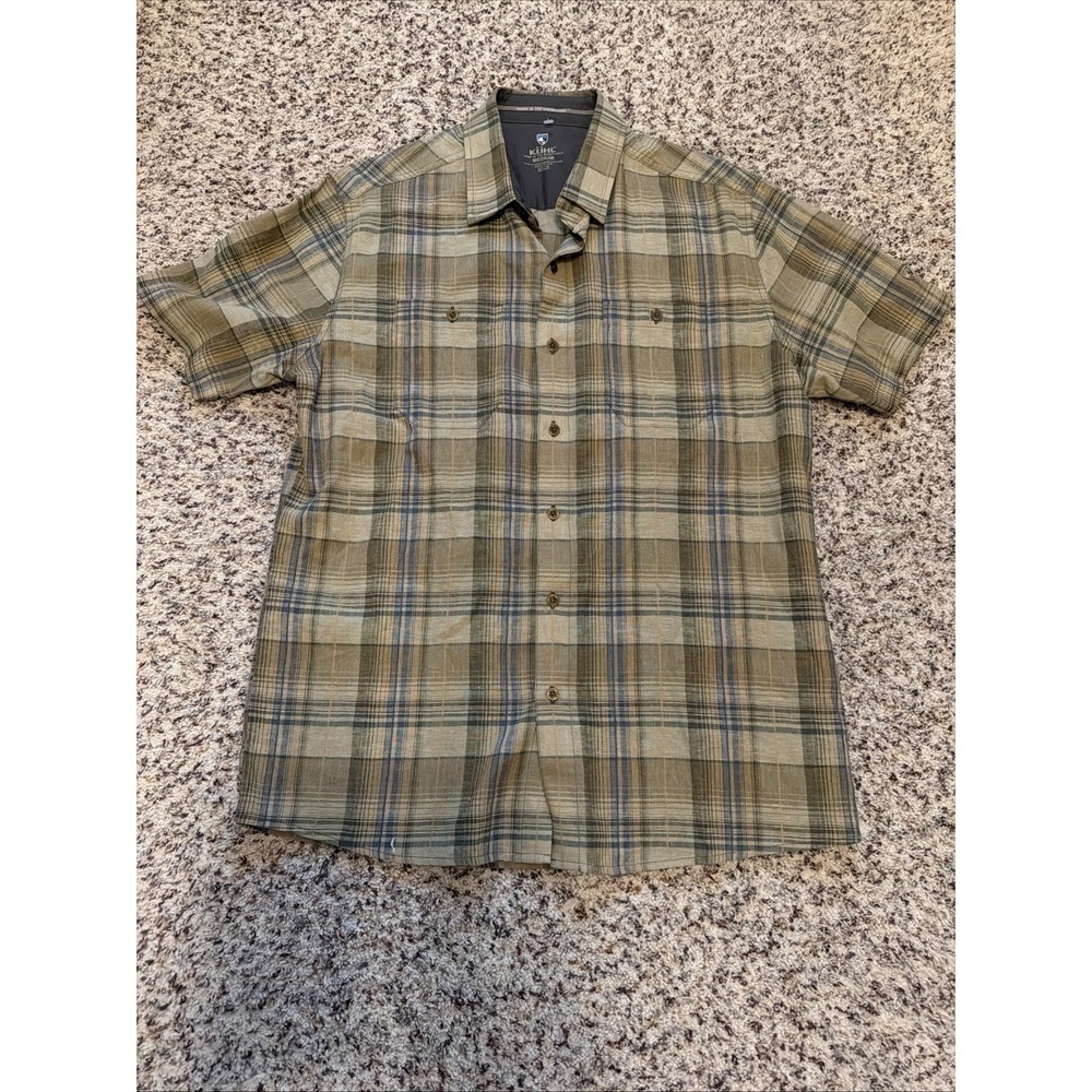 Kuhl Men's New Sz M Short Sleeve Button Down Shirt Beige GreenPlaid Linen Blend
